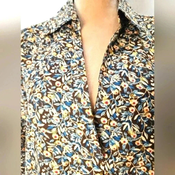 Axara Paris Chocolate Brown Teal Floral Print Collared Shirt Dress With Pockets - Picture 2 of 12